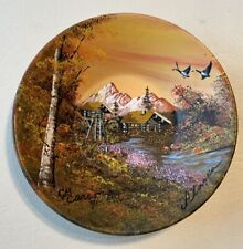 Hand Painted Gold Miners Metal Pan Alaska Cabin Stream Snow Mountains Vintage picture