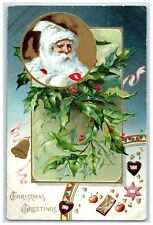 c1905 Christmas Greetings Santa Claus White Robe Berries Bell Embossed Postcard picture