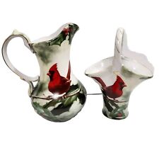 Cardinal in Holly Porcelain Pitcher & Basket Christmas Holiday Table Red Green picture