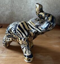 La Vie Elephant Figurine Safari Animal Print  Ceramic 4.5” Tall Vintage Trunk Up picture