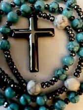 Rare Authentic Turquoise Jade Natural Stone Rosary Beads Hematite Cross Necklace picture