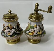 Capodimonte Italy Porcelain & Brass NUDES Salt Shaker Pepper Grinder Set Vintage picture