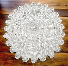 Vintage Hand Crocheted White Tabme Cloth Doily Topper Round 30 Inch picture