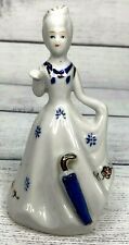 Vintage Colonial Lady Figurine Porcelain Bell 5” Blue Gold Umbrella Collect picture