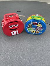 M&Ms World Metal Lunch Box Tin, Plus Red Round w/Plastic Handle, Vintage 1999 picture