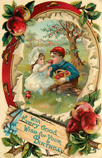 Embossed Happy Birthday Postcard Tambourine vignette Children Share Apples picture
