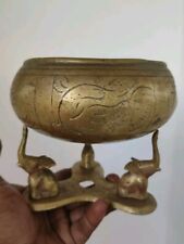 Vintage Antique Heavy Brass Bowl With On Three Elephant Stand From  Sri Lanka picture