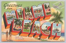 Miami Beach Florida, Large Letter Greetings Soldiers Airplane, Vintage Postcard picture
