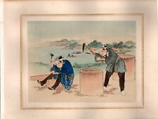 c. 1900's Antique Japanese silk watercolor - Scene of village life 7 - woodwork picture