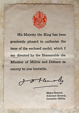 ORIGINAL - WW1 CANADIAN - KING GEORGE V MEDAL OFFICIAL AUTHORIZATION DOCUMENT picture