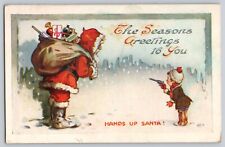 Postcard Christmas Santa Claus With Toys Child Pointing Gun 