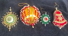 VTG Handmade Red + Christmas Ornaments Push Pin Beaded Sequin Satin Lot of 4 MCM picture