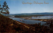Greetings Dubuque Iowa Mississippi River ship aerial view ~ 1950s-60s postcard picture
