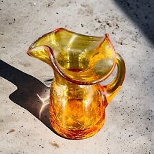 Vintage Crackle Glass Small Pitcher Creamer With Handle Amber Glass Blown Vtg picture