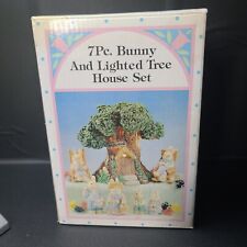 WONDERFUL 7 PIECE BUNNY AND LIGHTED TREE HOUSE SET EASTER DECOR MINT IN BOX picture