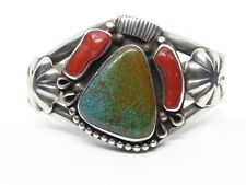 D&J Clark Navajo Native American Sterling Silver Turquoise Coral Cuff Bracelet picture