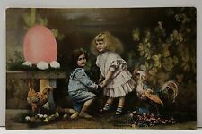 Easter Greetings Sweet Children With Rooster Tinted Photo Postcard G1 picture