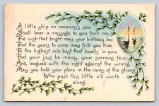 1915 Antique Birthday Postal Poem Greetings Sail Boat Little Ship Memory's Sea picture