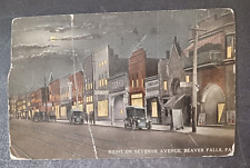 1913 postcard Night on Seventh Avenue Beaver Falls PA Pennsylvania old cars picture