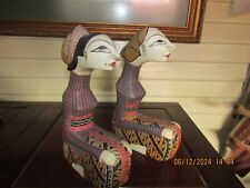 VTG.  70'S PAIR  INDONESIAN HANDPAINTED WOODEN CARVED LORO BLONYO LADY FIGURINES picture