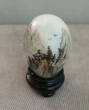 Vtg Asian Hand Painted Stone Egg Decorative Scene With Wood Stand  picture