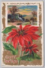 Holiday~A Happy New Year~Red Poinsettias~Cottage In Countryside~PM 1919 Postcard picture