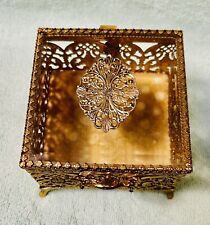 Vintage 24K GP Square Footed Jewelry Display Box Ormolu Casket Beveled Glass Lid picture