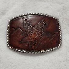 Western Eagle Belt Buckle Leather Inlay on Silver Tone Metal Vintage c1980's  picture