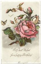 BIRTHDAY pink rose flower bud glitter applied~ embossed c1910 postcard picture