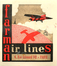 FARMAN AIRLINES ~FRANCE~ Historic & Scarce Airline Luggage Label, c. 1930 picture