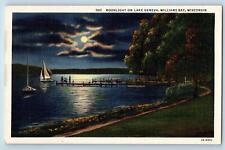 Williams Bay Wisconsin WI Postcard Moonlight On Lake Geneva c1940's Vintage picture