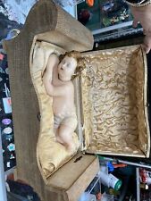 Rare Vintage Wax Baby Jesus Doll Mechanical Music Box Satin Lined Cradle picture