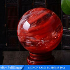80mm Large Natural Quartz Crystal Sphere Healing Red Smelting Stone Ball + Stand picture
