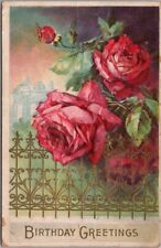 1910 BIRTHDAY GREETINGS Embossed Postcard Red Roses / Lacework Iron Fence Scene picture