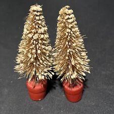 Vintage 2 Gold Frosted Bottle Brush Trees on Red Colored Wood Pot 1950’s 4