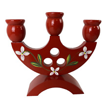 Vintage Red Floral Swedish Scandinavian Wood Candelabra 3 Candle Holder picture