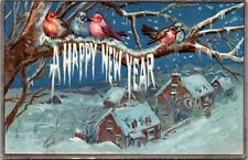 New Year Postcard Birds Sitting on a Snow Covered Branch Overlooking a Town picture