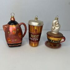 3 Glass Christmas Ornament Cup of JAVA Hot Coffee And Pot Holiday picture