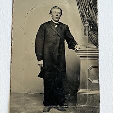 Antique Tintype Photograph Handsome Dapper Young Man Long Coat Photo Stand picture
