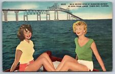 Main Bridge span Sunshine Skyway Bridge Florida linen Postcard picture