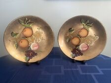 2 vintage decorative hand painted plates fruit on gold background unbranded 12” picture