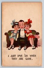 c1916 I Just Love 'Em When They Are Game - Boy With 2 Girls ANTIQUE Postcard picture