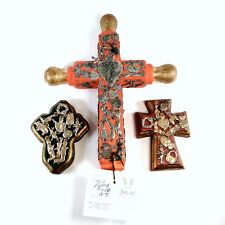 Lot of 3 Handmade Mexican Folk Art Milagro Covered Crosses Made in Mexico picture