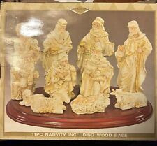 Vintage Rare 11 Piece Hand Painted Jeweled Resin Nativity Set With Wood Base picture