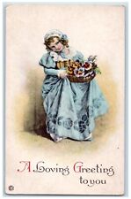 c1910's Loving Greeting Pretty Girl Holding Flowers In Basket Embossed Postcard picture