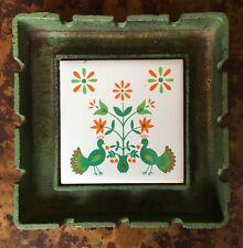 Vintage CAST IRON and Polychrome TILE ASHTRAY Floral & Rooster Motif Japan CUTE picture