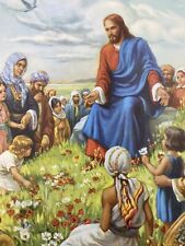 Jesus and children preaching sermon￼ Vintage Sunday School Story Board 10x14 picture