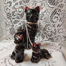 Vtg Black Ceramic Redware chained cats kittens made in Japan Not Complete picture