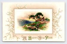 c1901 DB Postcard Winsch Back Happy New Year Sheep Herder Shepherd Cottage picture