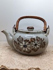 Vintage Otigari Speckled Stoneware Teapot W/ Rattan Handle White Daisy Flower  picture
